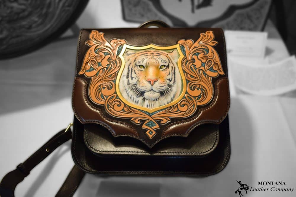 leather bag, tooled bag, tiger bag