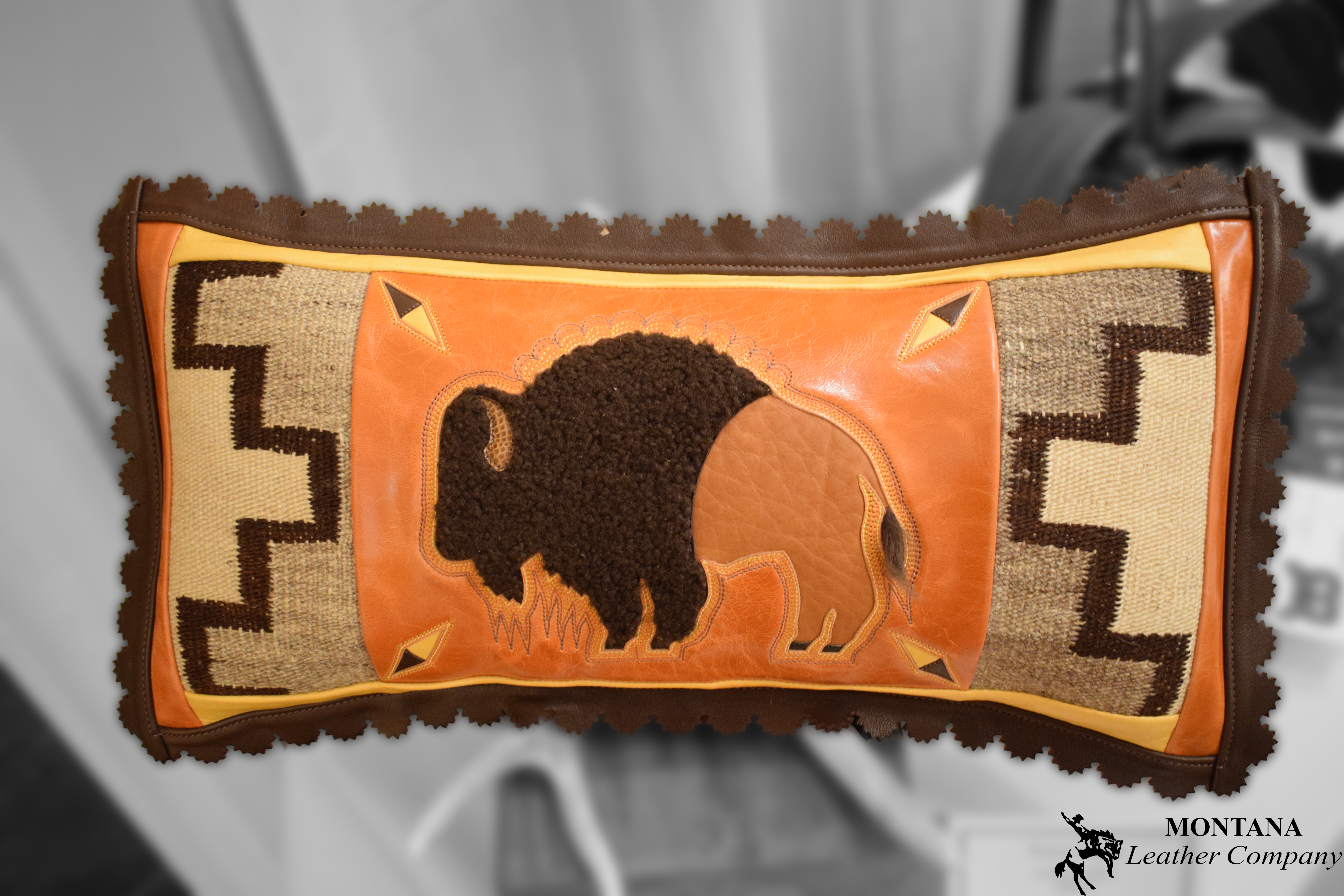 buffalo pillow, leather pillow, buffalo hair