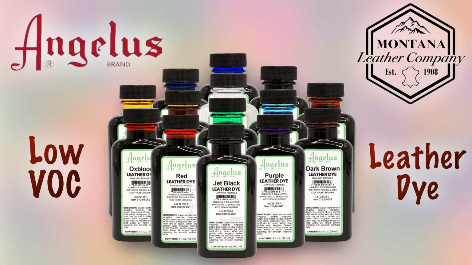 Bottles of angelus brand low voc leather dye